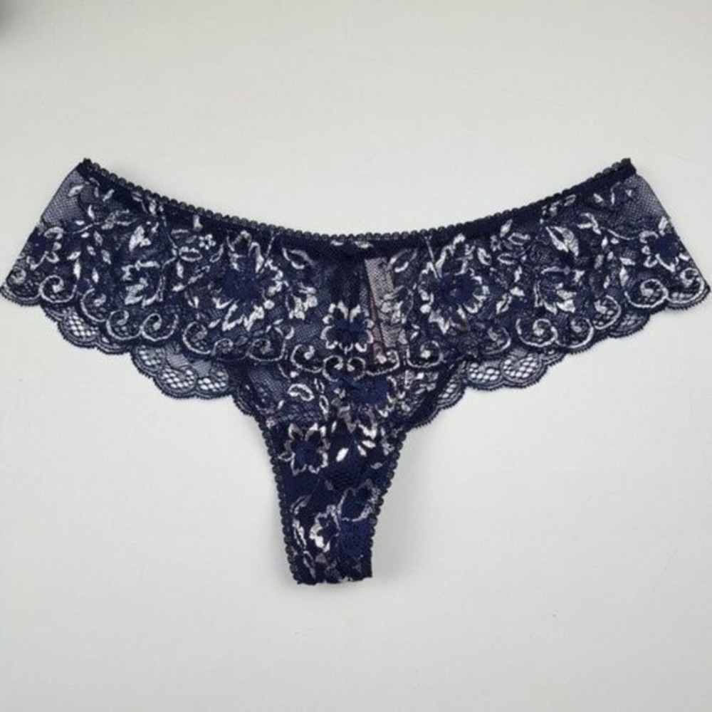 Victorias Secret Floral Lace Thong Navy Blue Silver M